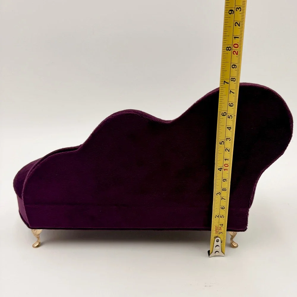 Burgundy Velvet Chaise Lounge Jewelry Box Miniature Sofa with Mirror & Ring